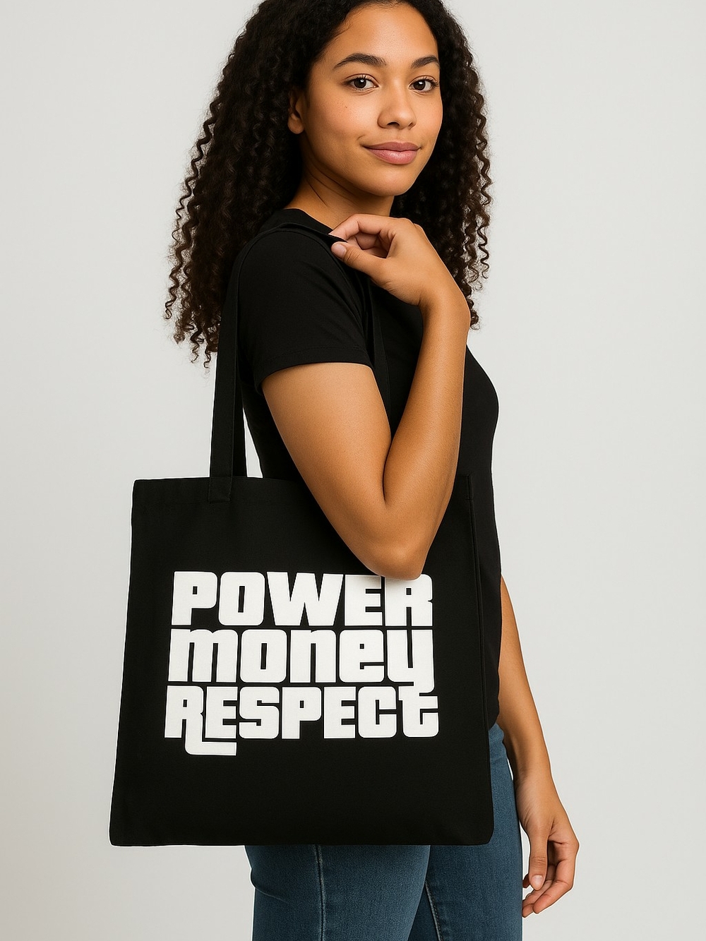 Black Graphic Tote Bag with 'Power Money Respect' Slogan